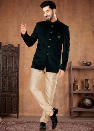 Green Plain Readymade Bandhgala Jodhpuri Suit In Velvet