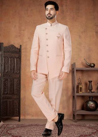 Readymade Mens Rayon Bandhgala Jodhpuri Suit In Peach