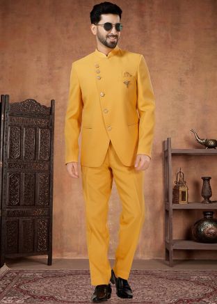 Yellow Readymade Mens Rayon Bandhgala Jodhpuri Suit