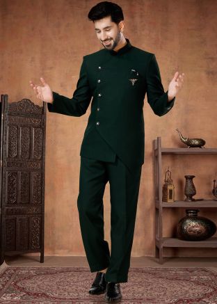 Green Plain Readymade Bandhgala Jodhpuri Suit In Rayon
