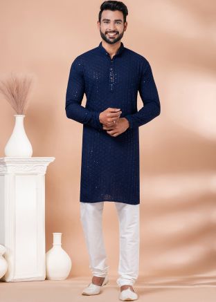 Blue Readymade Embroidered Rayon Mens Kurta pajama 
