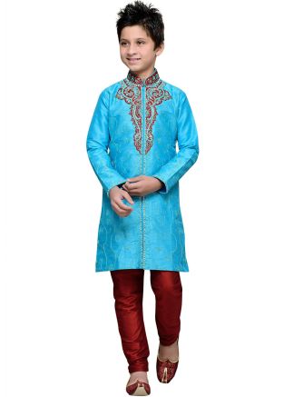 Readymade Blue Art Silk Kids Kurta Pajama