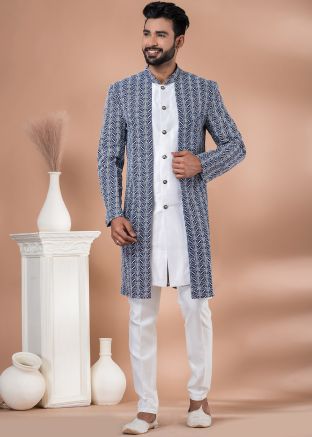 Navy Blue & White Embroidered Indo Western Sherwani