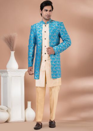 Cream & Blue Woven Indo Western Sherwani Set