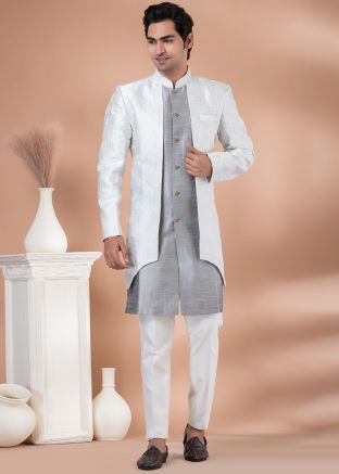 Grey Woven Mens Indo Western Sherwani Set