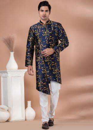 Navy Blue Woven Indo Western Asymmetric Sherwani