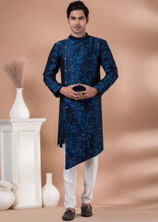 Navy Blue Asymmetric Indo Western Sherwani In Woven Work