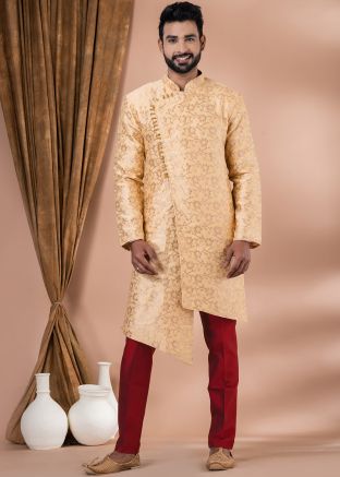 Cream Woven Mens Indo Western Sherwani Set