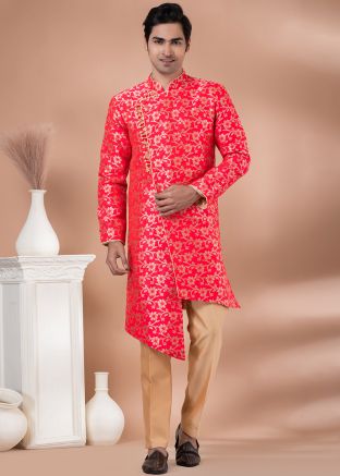 Red Mens Woven Asymmetric Indo Western Sherwani