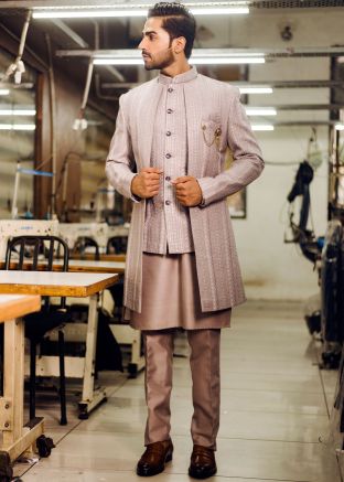 Mauve Purple Embroidered Layered Indo Western Sherwani