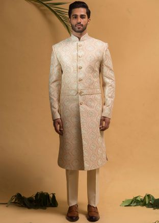 Light Golden Embroidered Sherwani Set