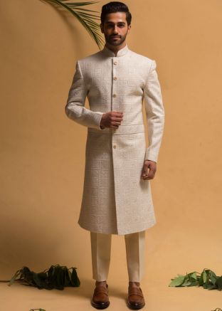 Cream Mens Embroidered Sherwani Set