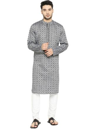 Grey Digital Printed Cotton Readymade Mens Kurta Pajama