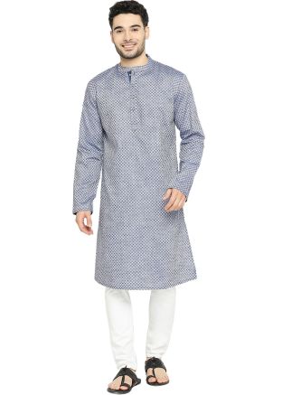 Grey Digital Printed Readymade Mens Kurta Pajama In Cotton