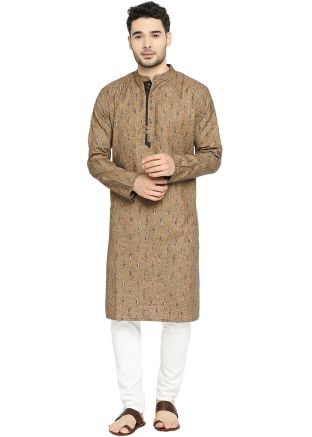 Readymade Digital Printed Cotton Mens Kurta Pajama In Light Brown