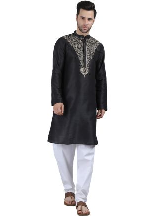 Black Readymade Dupion Silk Mens Kurta Pajama In Embroidery
