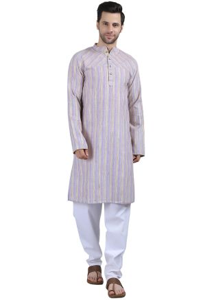 Light Purple Printed Mens Readymade Kurta Pajama In Cotton