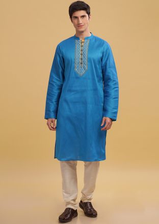 Royal Blue Readymade Cotton Plain Mens Kurta Pajama 