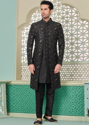 Black Embroidered Indo Western Sherwani Set