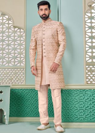 Peach Embroidered Indo Western Sherwani Set