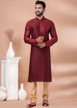 Maroon Woven Kurta Pajama In Viscose