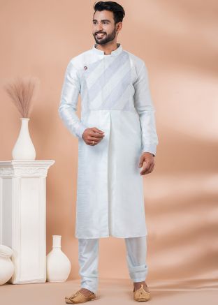 Blue Embroidered Kurta Pajama In Banarasi Silk