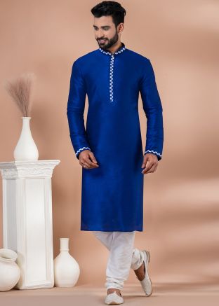 Blue Mens Kurta Pajama In Banarasi Silk