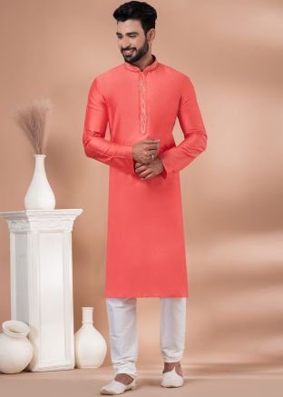 Coral Red Embroidered Kurta Pajama