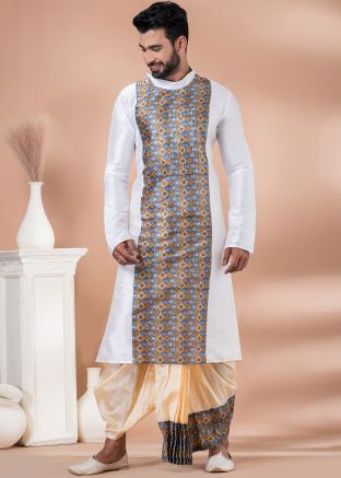 White Printed Kurta Dhoti In Banarasi Silk
