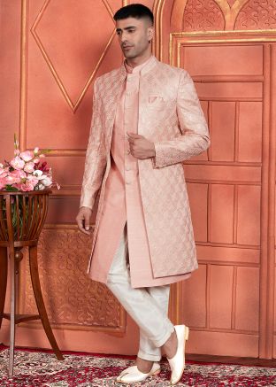 Peach Embroidered Indo Western Sherwani