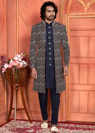 Blue Embroidered Indo Western Sherwani