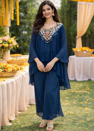 Navy Blue Viscose Top Bottom Set With Embroidered Yoke