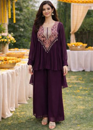 Purple Viscose Top Bottom Set With Embellished Neckline