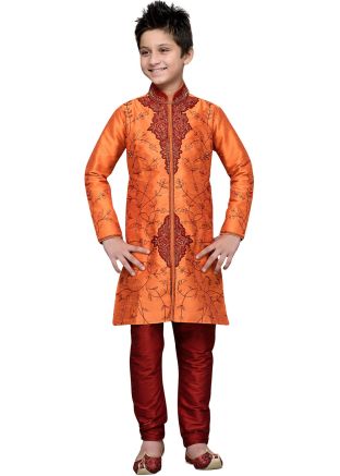 Readymade Orange Art Silk Kids Kurta Pajama