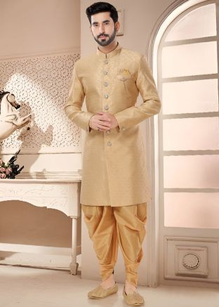 Golden Woven Readymade Indowestern Dhoti Sherwani 