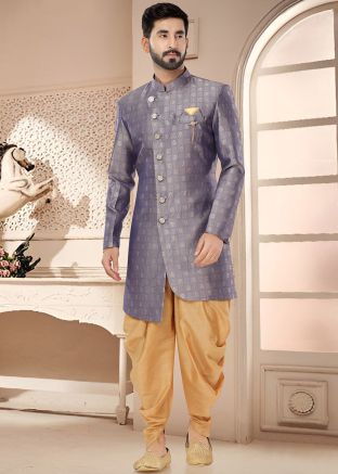 Grey Woven Readymade Indowestern Dhoti & Sherwani 