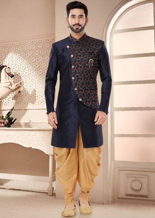 Blue Readymade Art Silk Indowestern Sherwani & Dhoti 