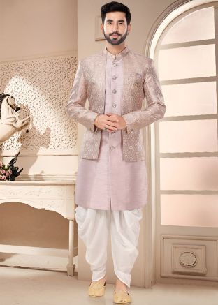Light Pink Readymade Indowestern Woven Dhoti & Sherwani 