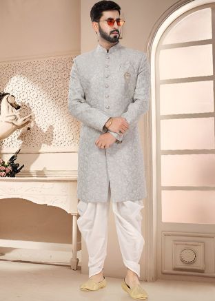 Grey Readymade Indowestern Dhoti & Sherwani In Embroidery