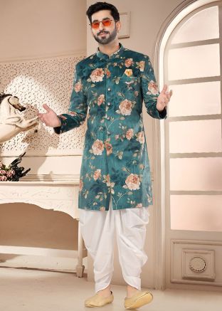 Green Readymade Indowestern Dhoti & Sherwani In Digital Print
