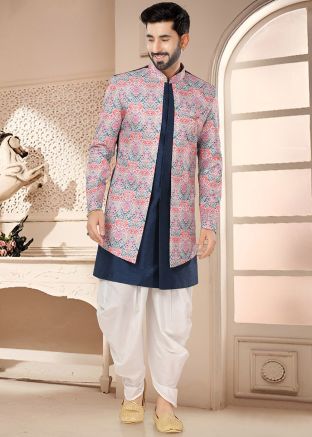 Blue & Pink Jacket Style Readymade Sherwani & Dhoti In Art Silk