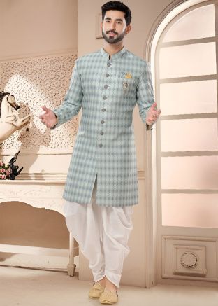 Grey Readymade Indowestern Dhoti & Sherwani In Woven Work