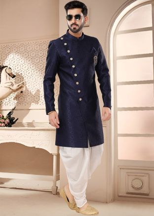 Blue Readymade Indowestern Sherwani & Dhoti In Woven Work