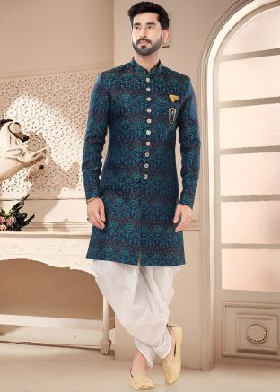 Blue Readymade Embroidered Indowestern Sherwani & Dhoti 
