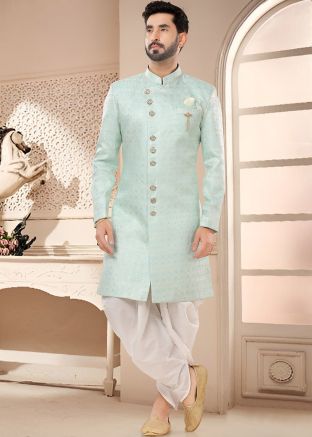 Pastel Blue Readymade Woven Indowestern Sherwani & Dhoti