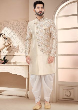 Cream Readymade Indowestern Sherwani & Dhoti In Woven Work