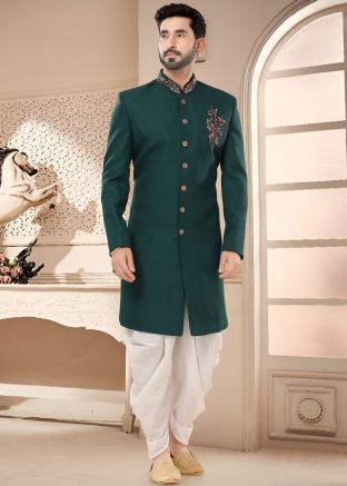 Green Readymade Indowestern Rayon Dhoti & Sherwani 