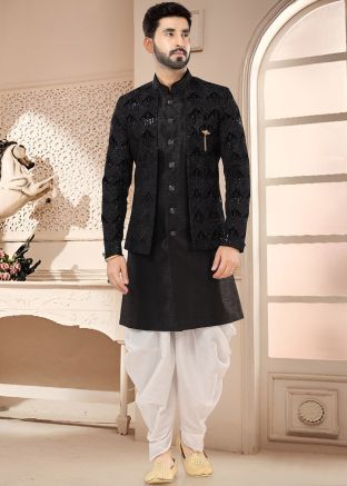 Black Readymade Indowestern Sherwani & Dhoti In Art Silk