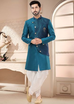 Teal Blue Readymade Art Silk Indowestern Sherwani & Dhoti 