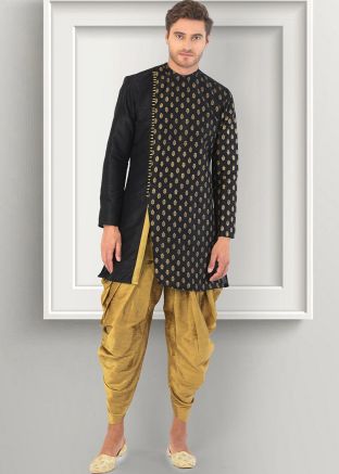 Black Woven Dhoti With Sherwani